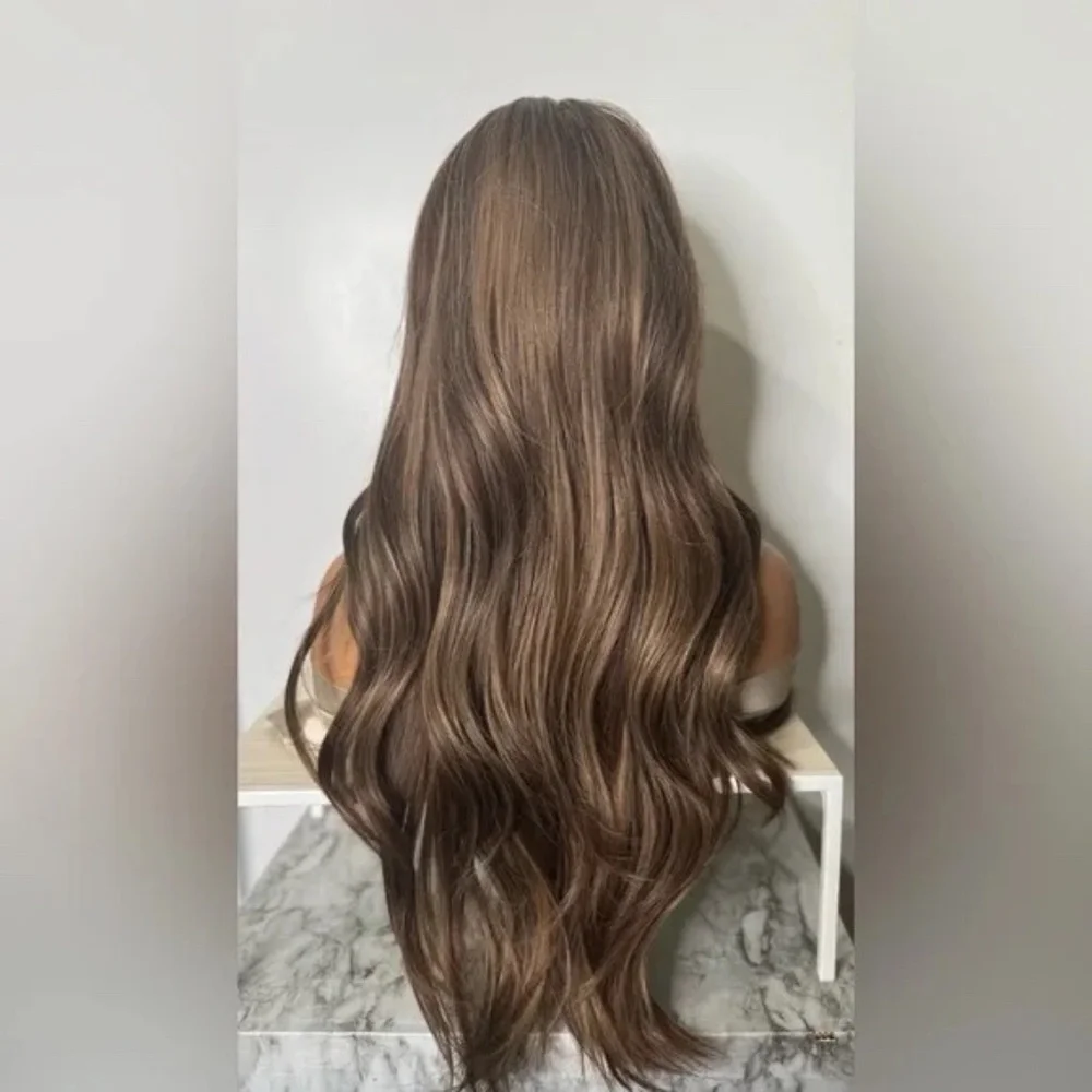 Long Wavy Wig with Curtain Bangs – Medium Brown with Soft Caramel Highlights - Picture 4 of 13